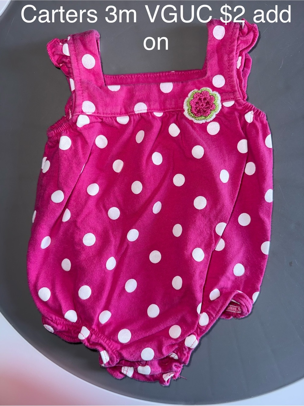 Carter's Hot Pink with White Polka Dot Baby Romper with Crochet Flower